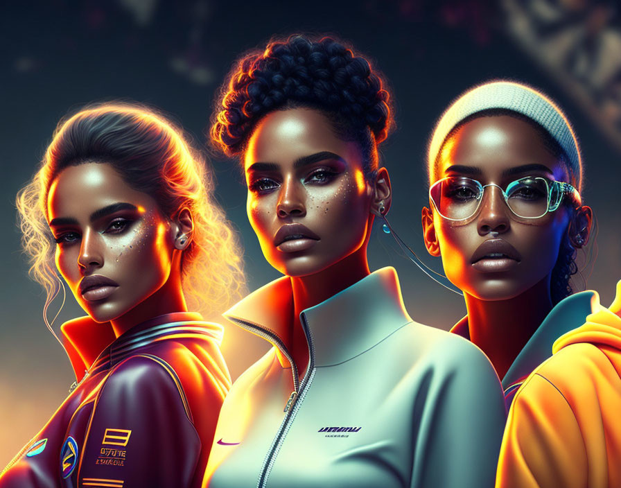 Three stylized women in futuristic attire against dark, amber-lit background