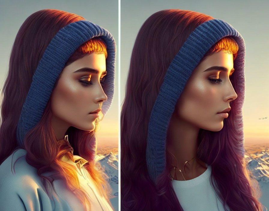 Digital artwork: Woman in blue beanie, red hair, dual side profiles, mountain sunset.