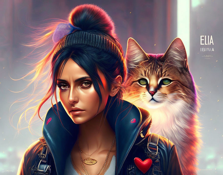 Stylized woman and whimsical cat in colorful digital art