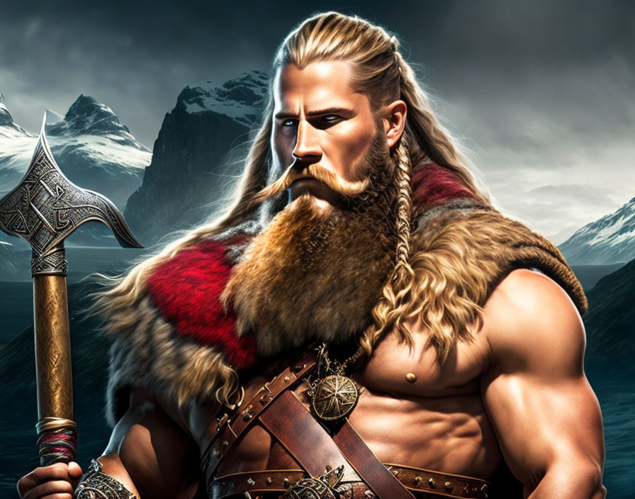 Muscular Viking man with axe in mountainous scenery