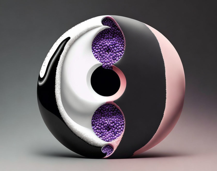 Spherical Yin-Yang Style Object with Black, White, and Purple Spheres