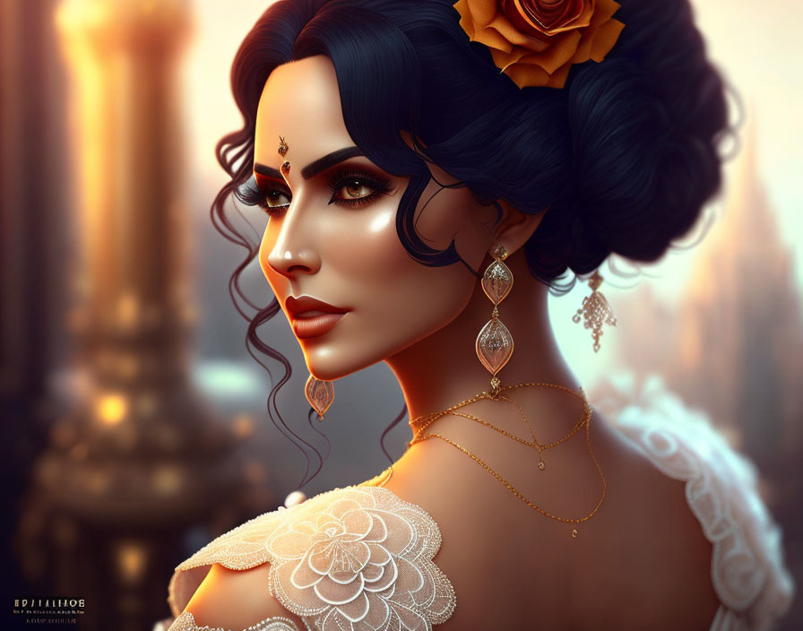 Elaborate updo hair and ornate dress in digital portrait