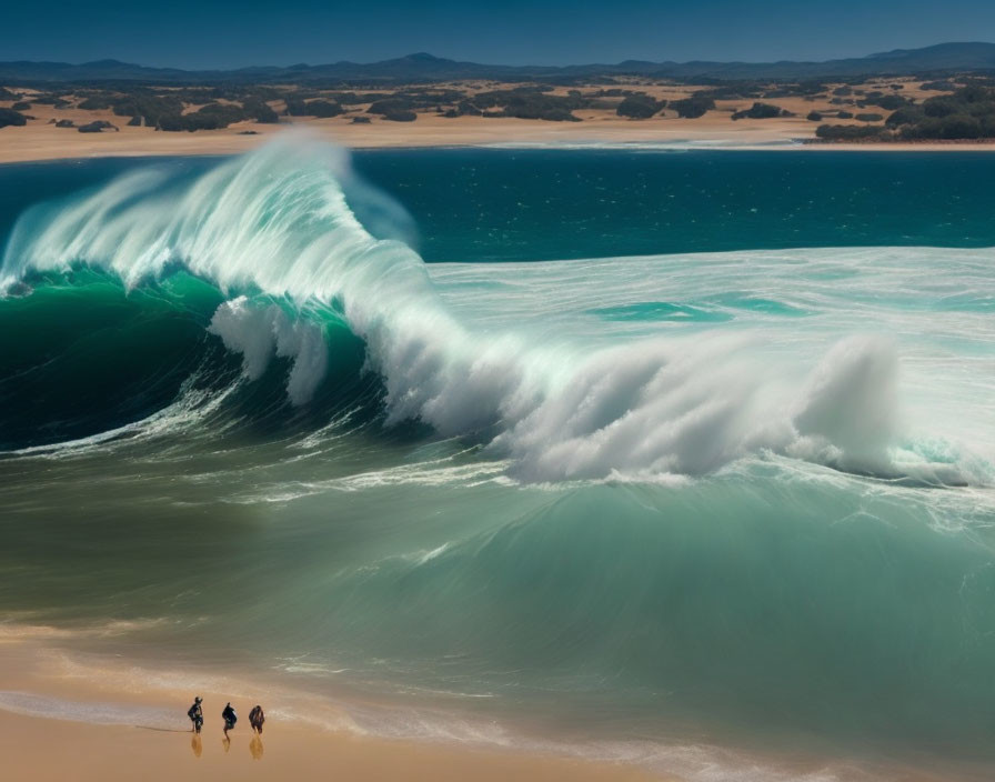 Three individuals walking on a beach with a huge wave and desert scenery.