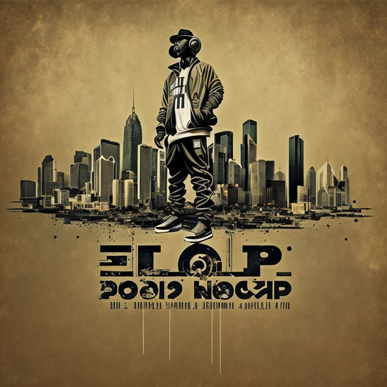 Stylized person with cap and headphones above city skyline and hip-hop text elements