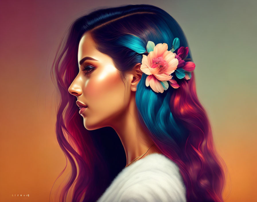 Colorful Rainbow Hair Woman Portrait on Warm Gradient Background