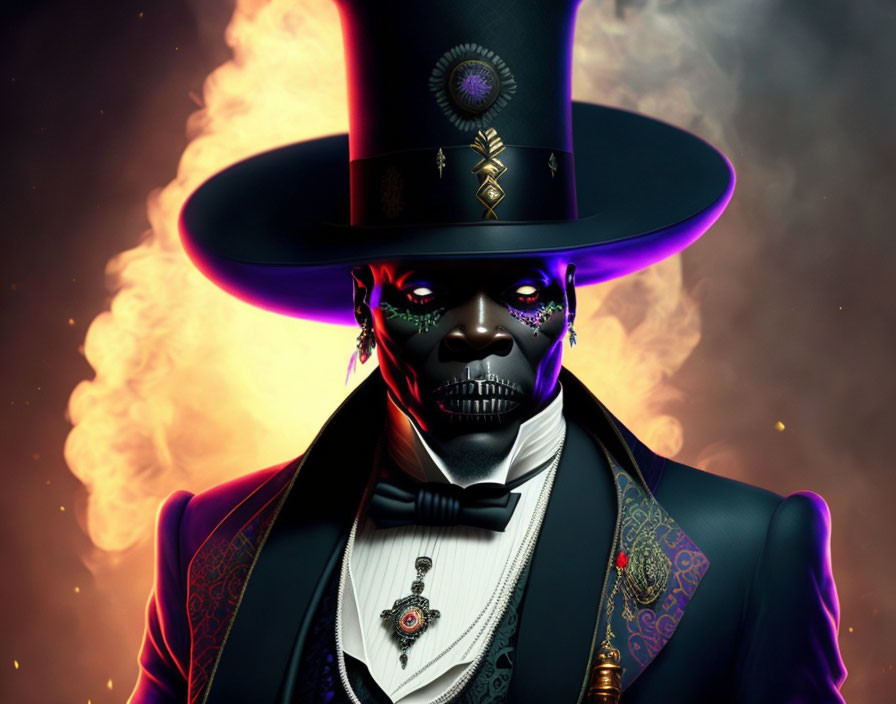 Stylized digital artwork of male figure with glowing purple face and top hat