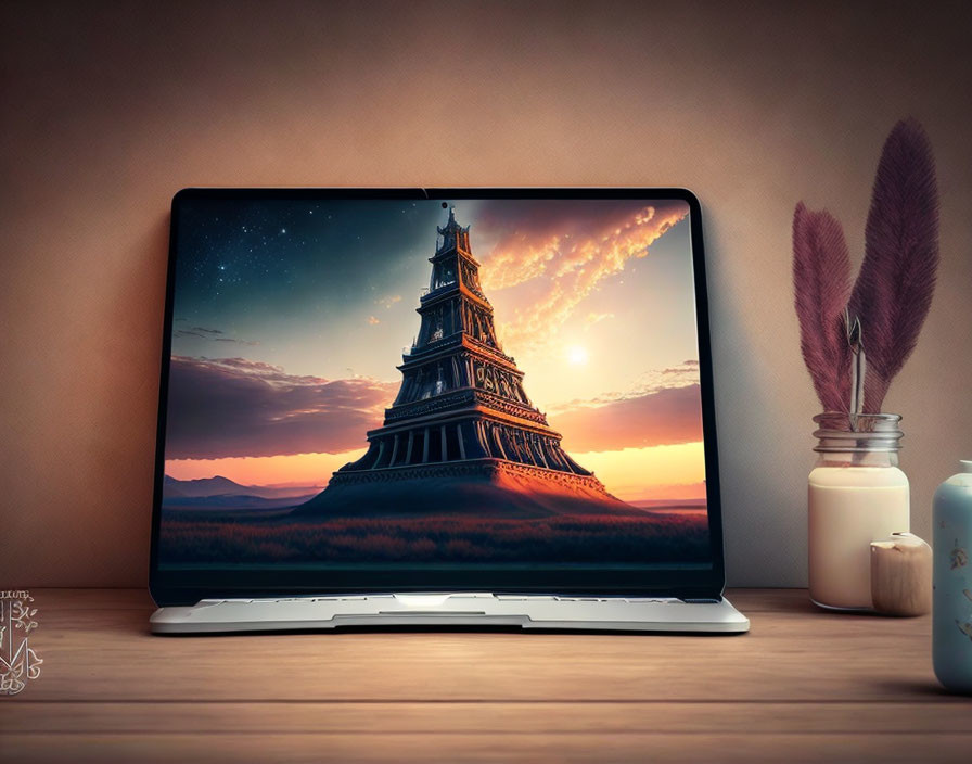 Laptop on desk with pagoda sunset wallpaper, quill pens, and candles