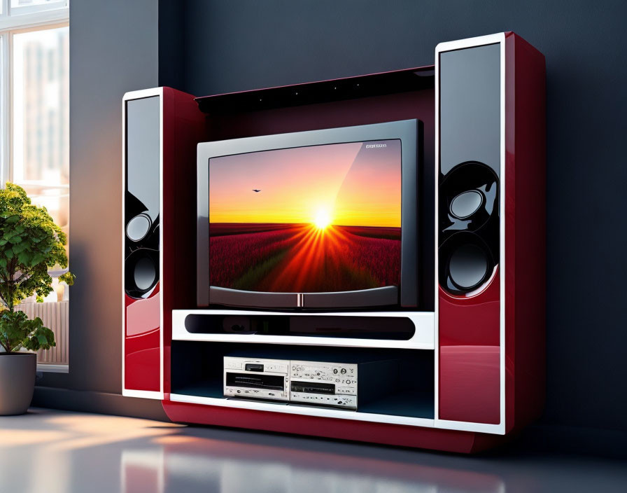 Flat-screen TV, red and black speakers, audio equipment in a room with a window