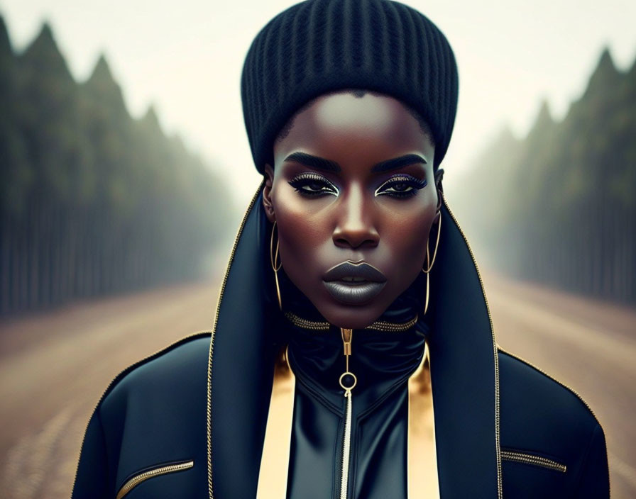 Stylish woman with dark skin in black beanie and gold-detailed jacket on forest road