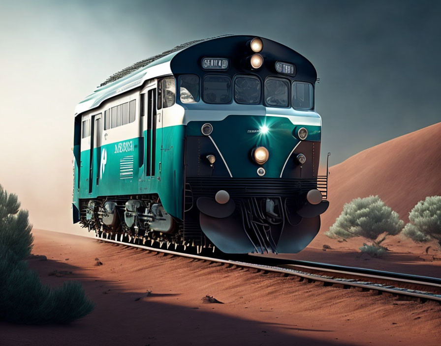 Bright headlight train moves through desert at dusk