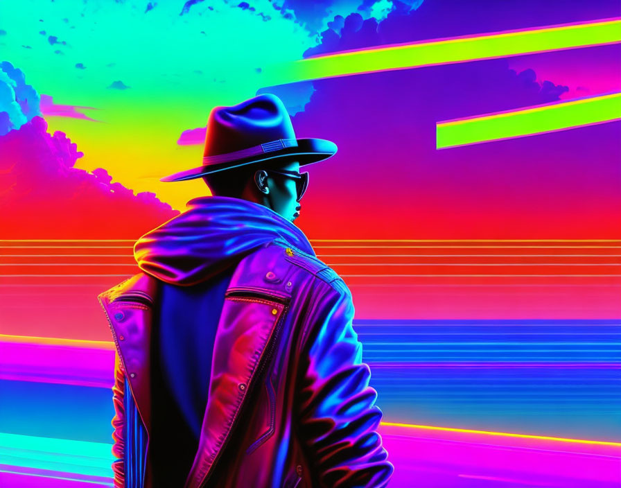 Silhouette person with hat on vibrant neon gradient background