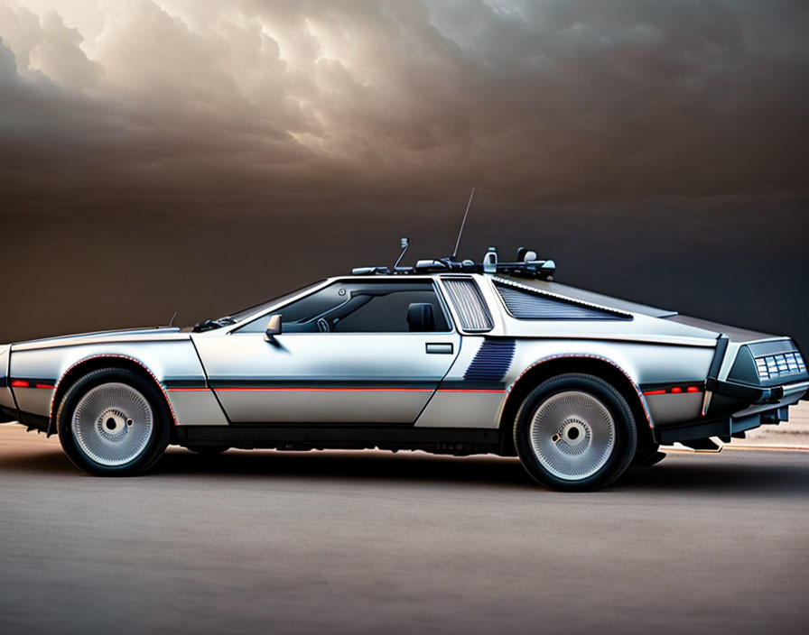 Vintage Silver DeLorean Car with Gull-Wing Doors in Stormy Sky