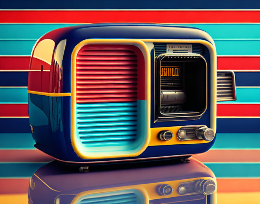 Vibrant Retro-Style Radio on Colorful Striped Background