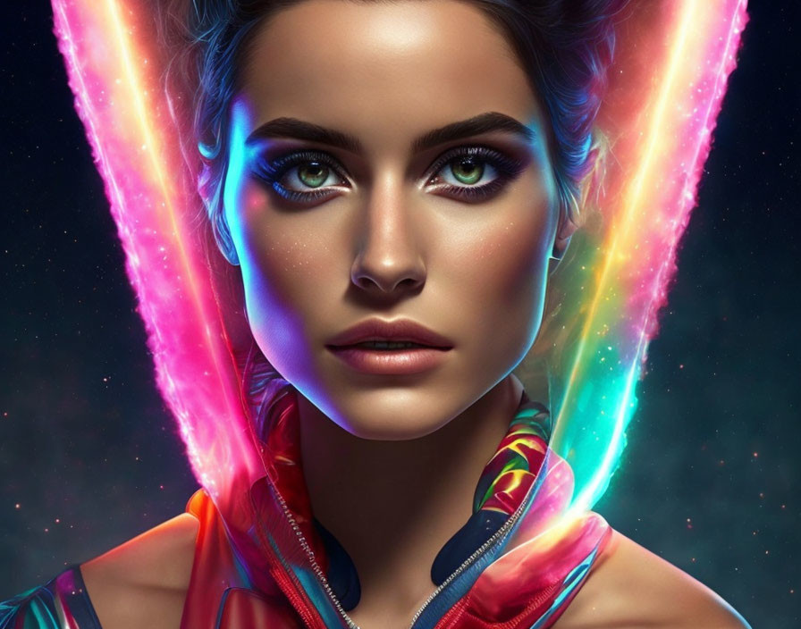 Portrait of a woman with multicolored eyes and neon lights on dark background