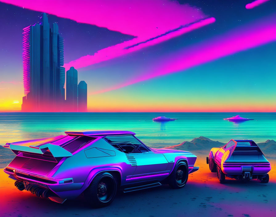 Neon-lit retro-futuristic cityscape at sunset