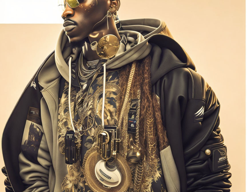 Fashionable individual with braided hair, sunglasses, headphones, and layered outfit