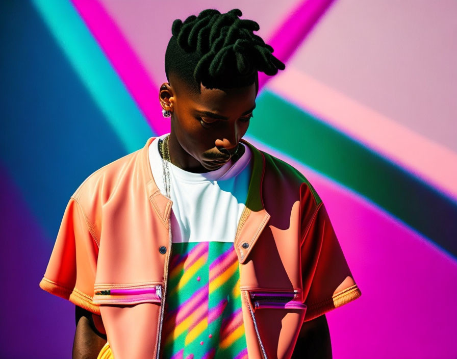 Young person with twisted hair in pink jacket against vibrant geometric background