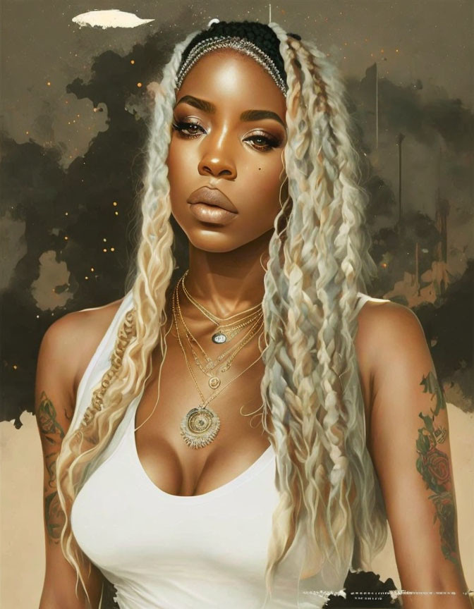 Portrait of woman with long ombre hair, tattoos, white tank top, layered necklaces.