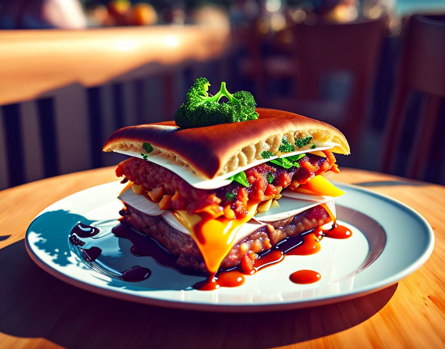 Cheeseburger with beef patty, salsa, and broccoli on brioche bun plate.