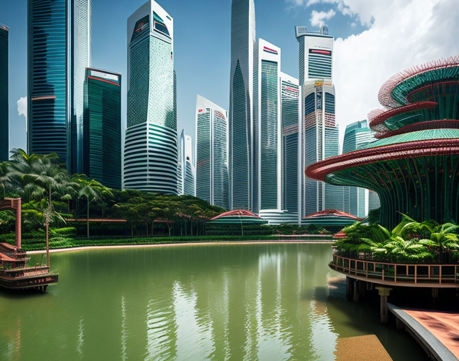 Urban skyline with skyscrapers, water reflection, greenery & futuristic structures