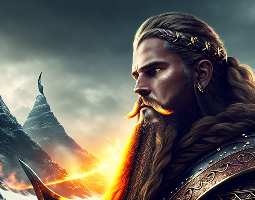 Viking warrior digital art with braided beard and fiery landscape