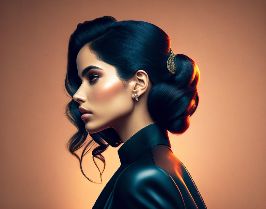 Stylized updo woman in profile on warm backdrop