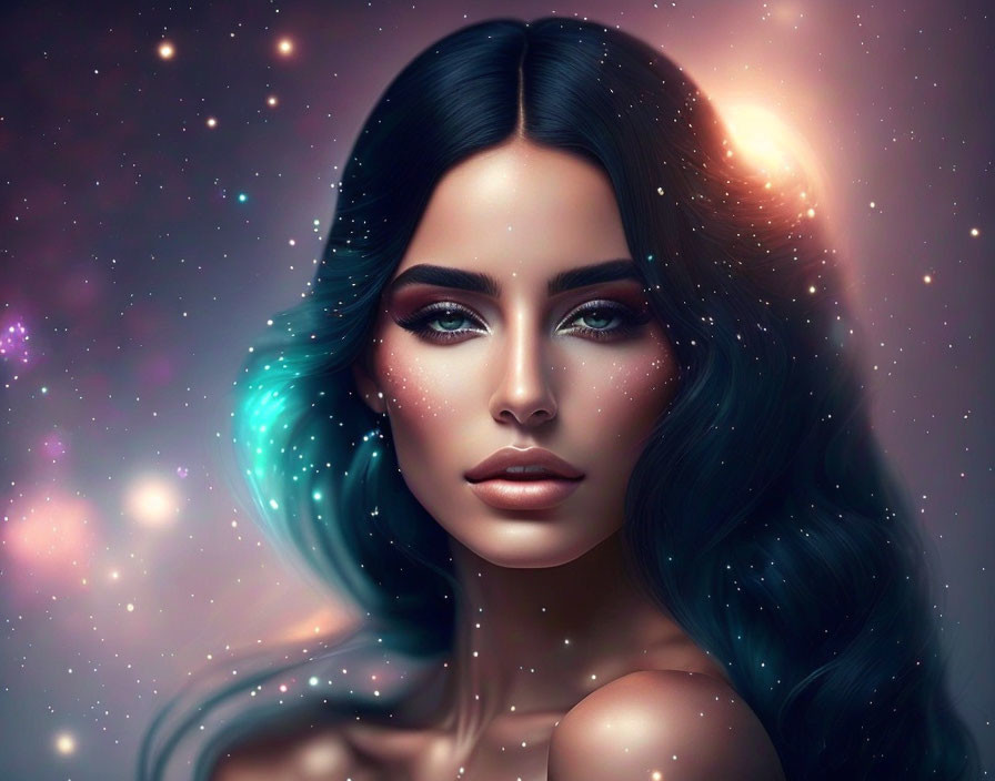 Digital portrait: Woman with long, wavy hair and striking makeup against cosmic starry backdrop