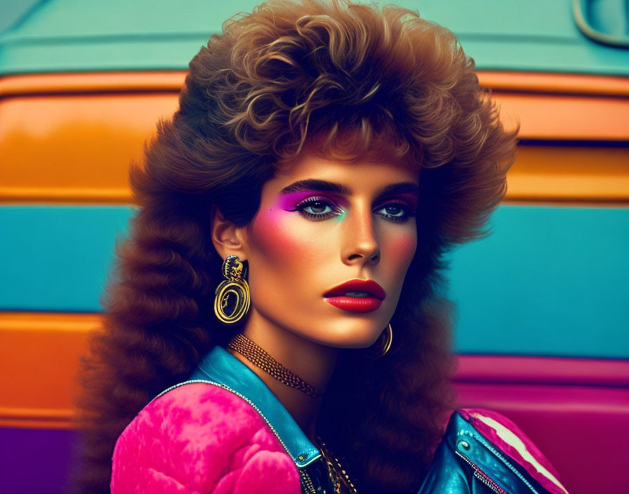 Vibrant 80s style fashion woman with voluminous hair and makeup pose.