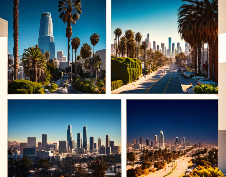 Sunny cityscape collage: palm trees, skyscrapers, blue skies, boulevards