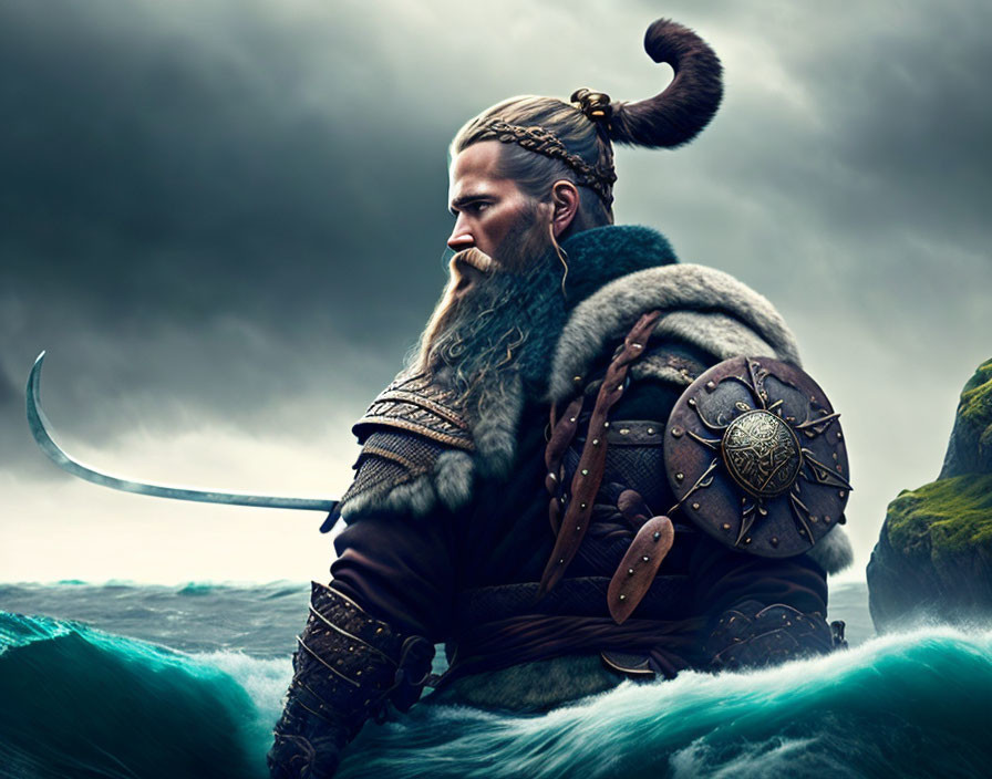 Viking warrior in fur and armor with horned helmet by stormy sea