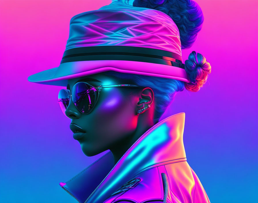 Colorful digital portrait of a woman with neon lighting, sunglasses, hat, and glossy jacket