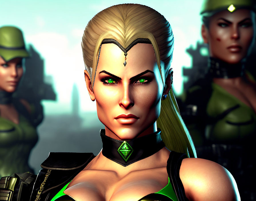 3D rendering of female character with green eyes and blonde ponytail in green and black uniform.