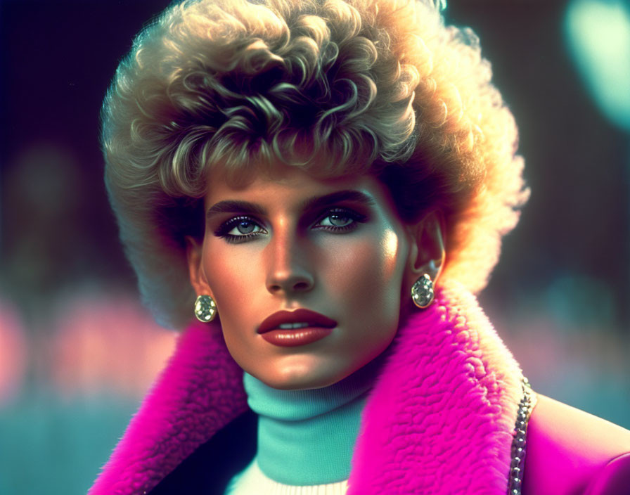 Blonde woman portrait with blue eyes and pink furry collar