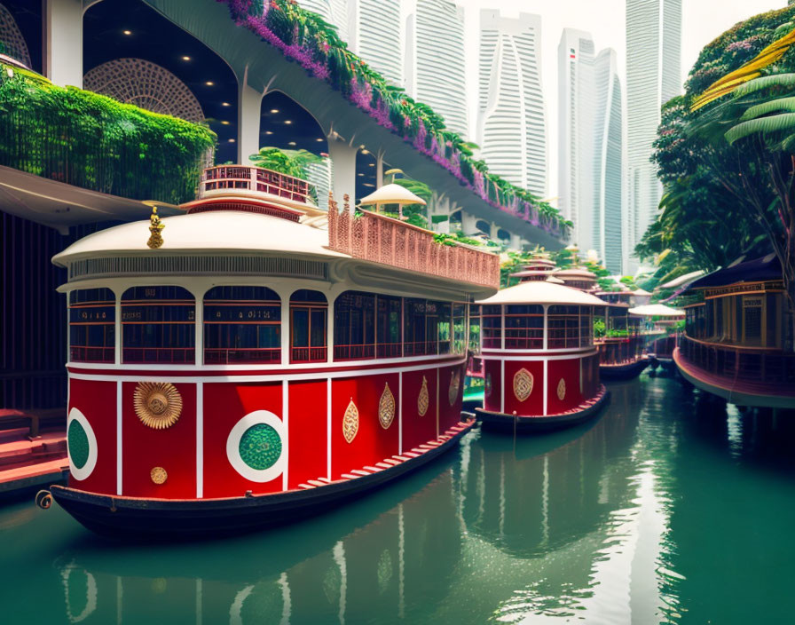 Traditional boats on canal with modern high-rise buildings and footbridge