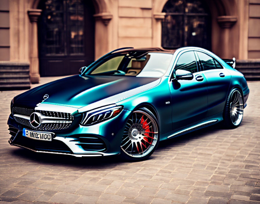 Blue Mercedes-Benz sedan with chrome details and red brake calipers in front of classic building.