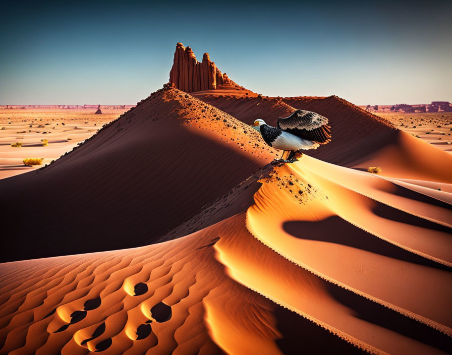 Bird flying over desert sand dunes and rock formation landscape