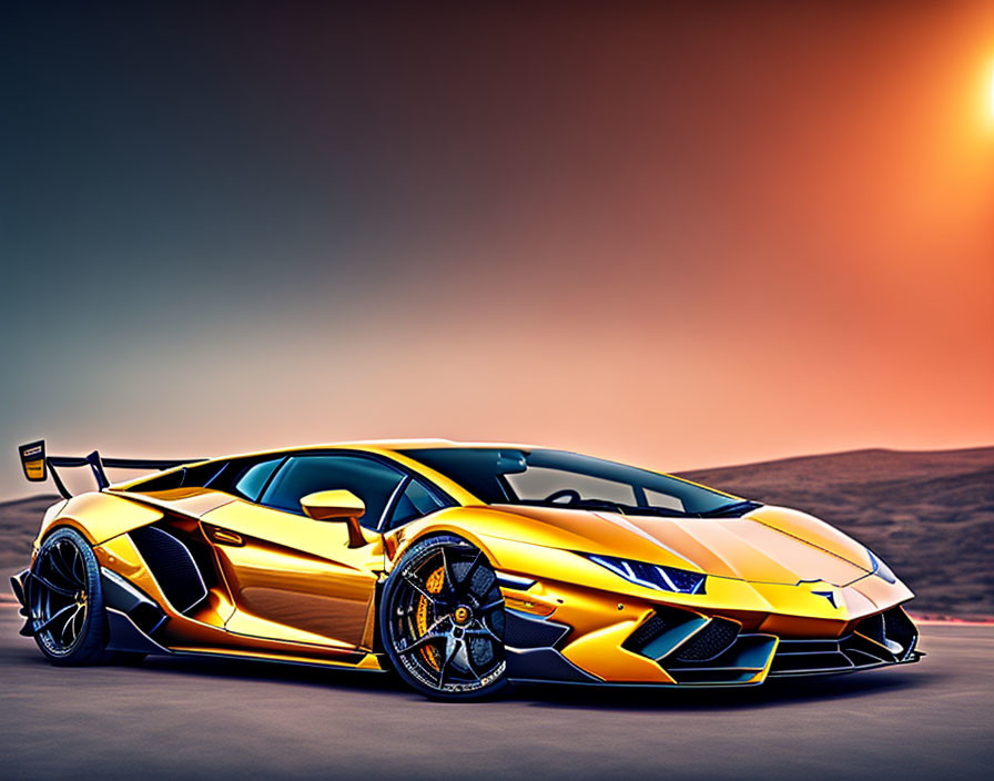 Yellow Lamborghini Aventador with Black Accents Against Sunset Sky