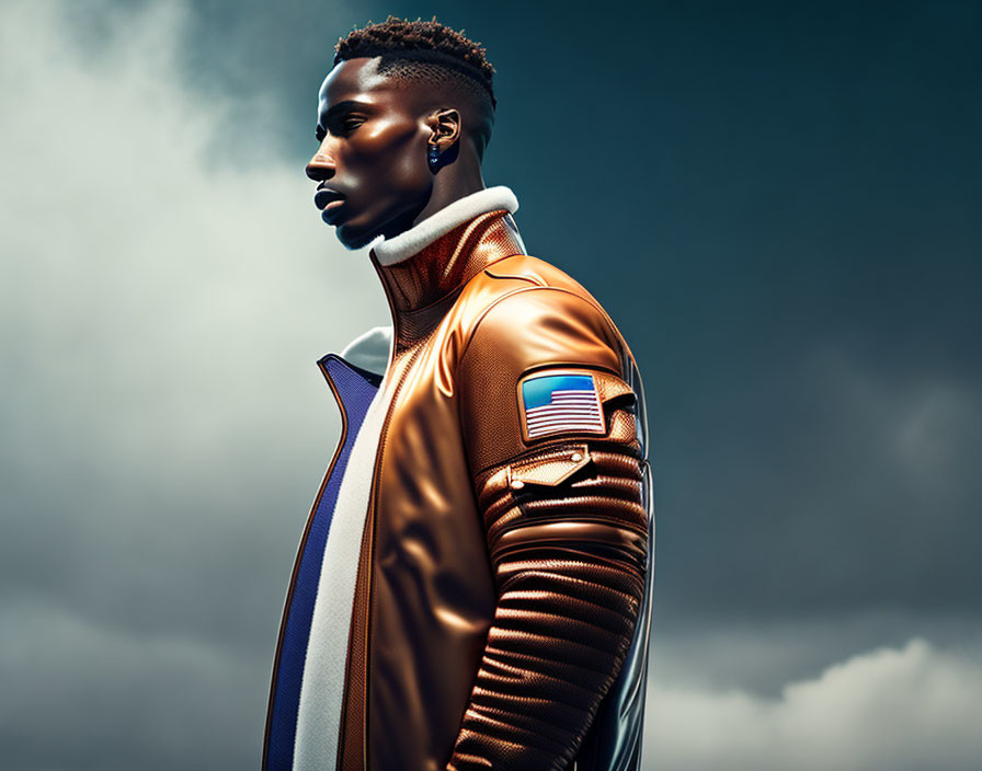 Stylish man in bomber jacket with American flag patch, looking into stormy sky.