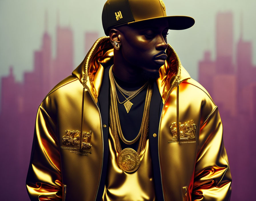 Stylized digital artwork of a man in gold attire against cityscape