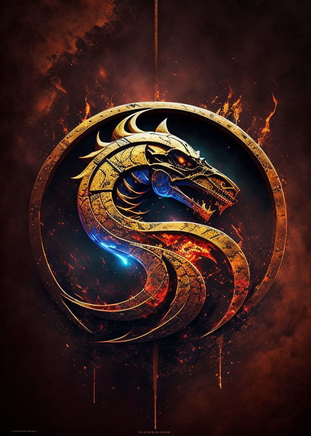 Dragon entwined in circular symbol on fiery background