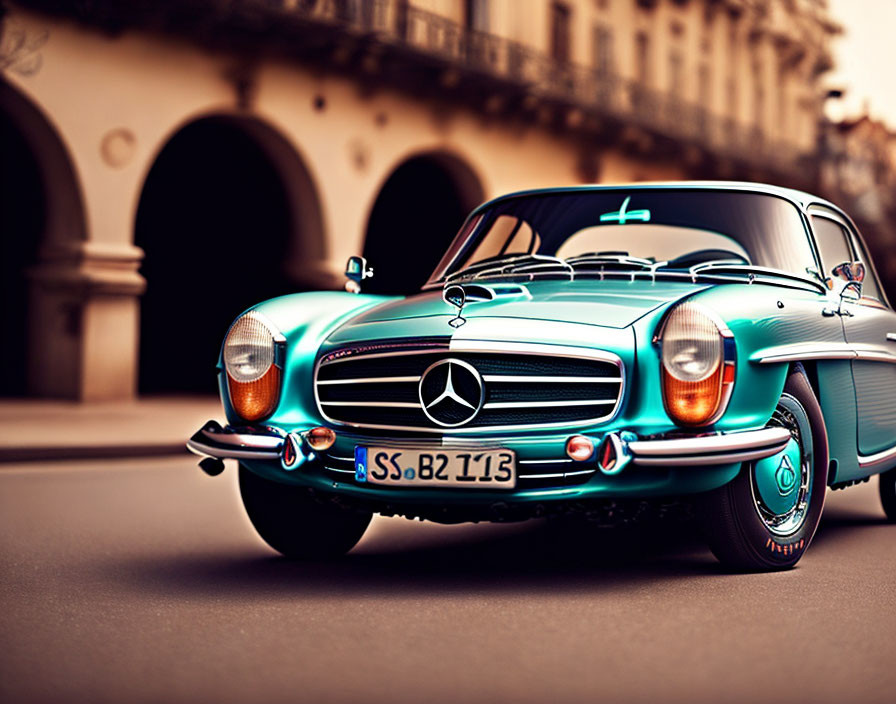 Vintage Turquoise Mercedes-Benz Parked in Front of Arcade-Style Building