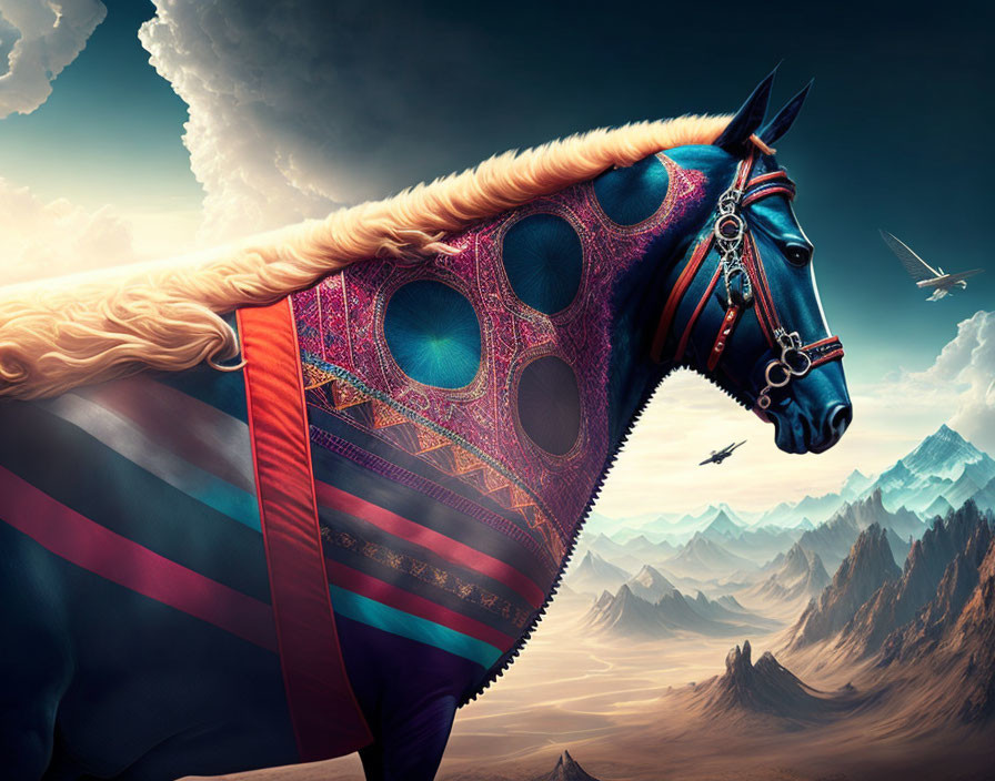 Colorful Stylized Horse Illustration with Bridle in Fantasy Setting