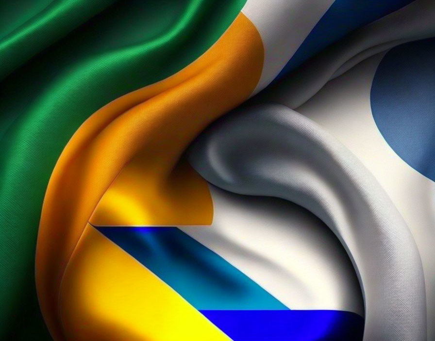 Close-up of South African flag in green, gold, black, red, white, and blue colors