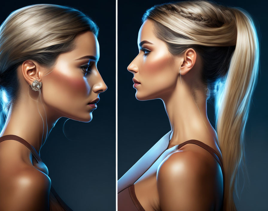 Side-by-Side Portraits of Woman with Sleek Ponytail on Dark Background