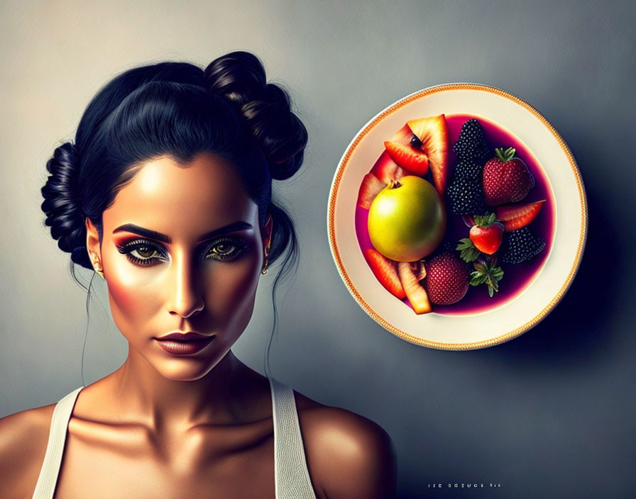 Woman with double buns hairstyle and bold makeup next to plate of assorted fruits.