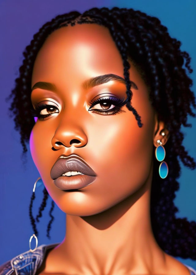 Portrait of woman with braided hair, bold makeup, and hoop earrings on blue backdrop