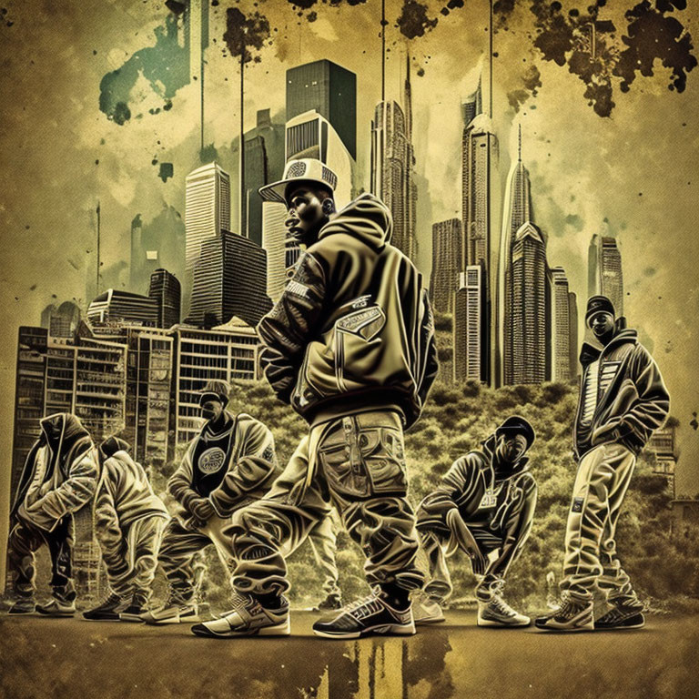 Men in urban streetwear with sepia cityscape backdrop in hip-hop style