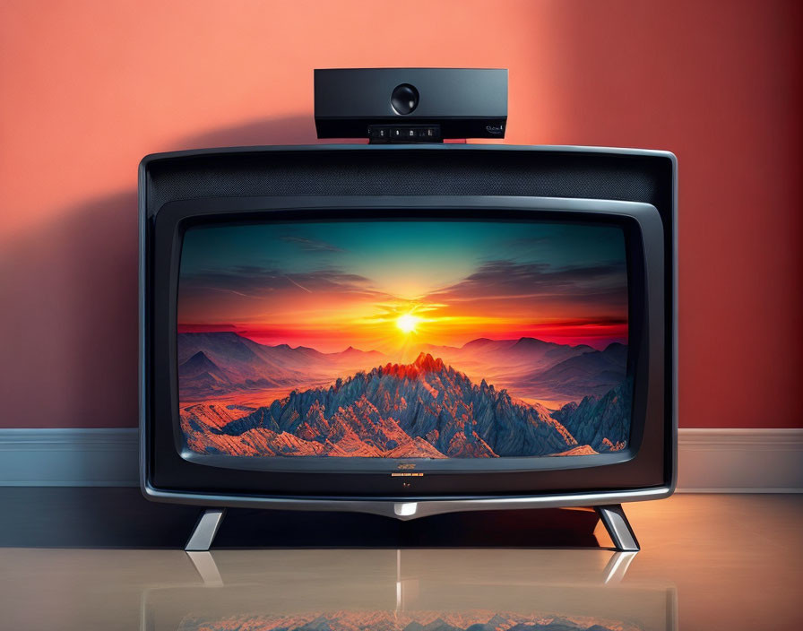 Vintage-Style TV with Mountain Sunset Scene on Webcam, Red Wall Background