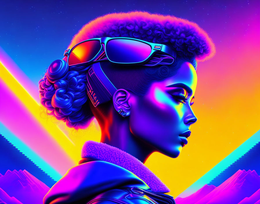 Colorful digital portrait of woman with afro hair and futuristic sunglasses against neon mountains and radiant sky