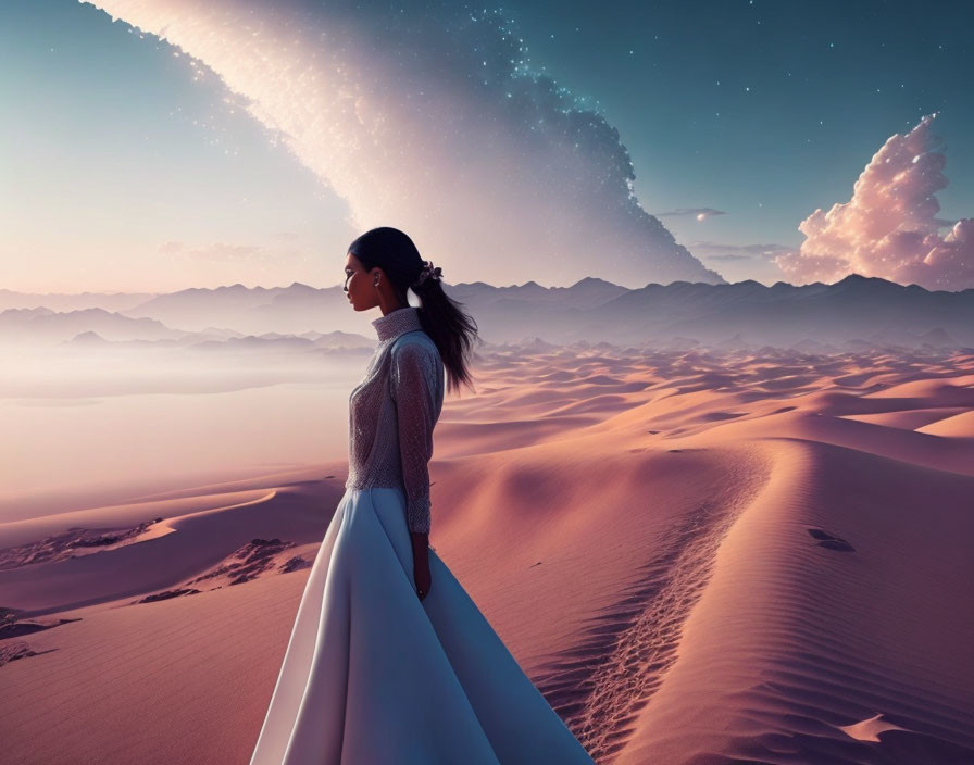 Woman in flowing dress admires galaxy over desert dune at twilight